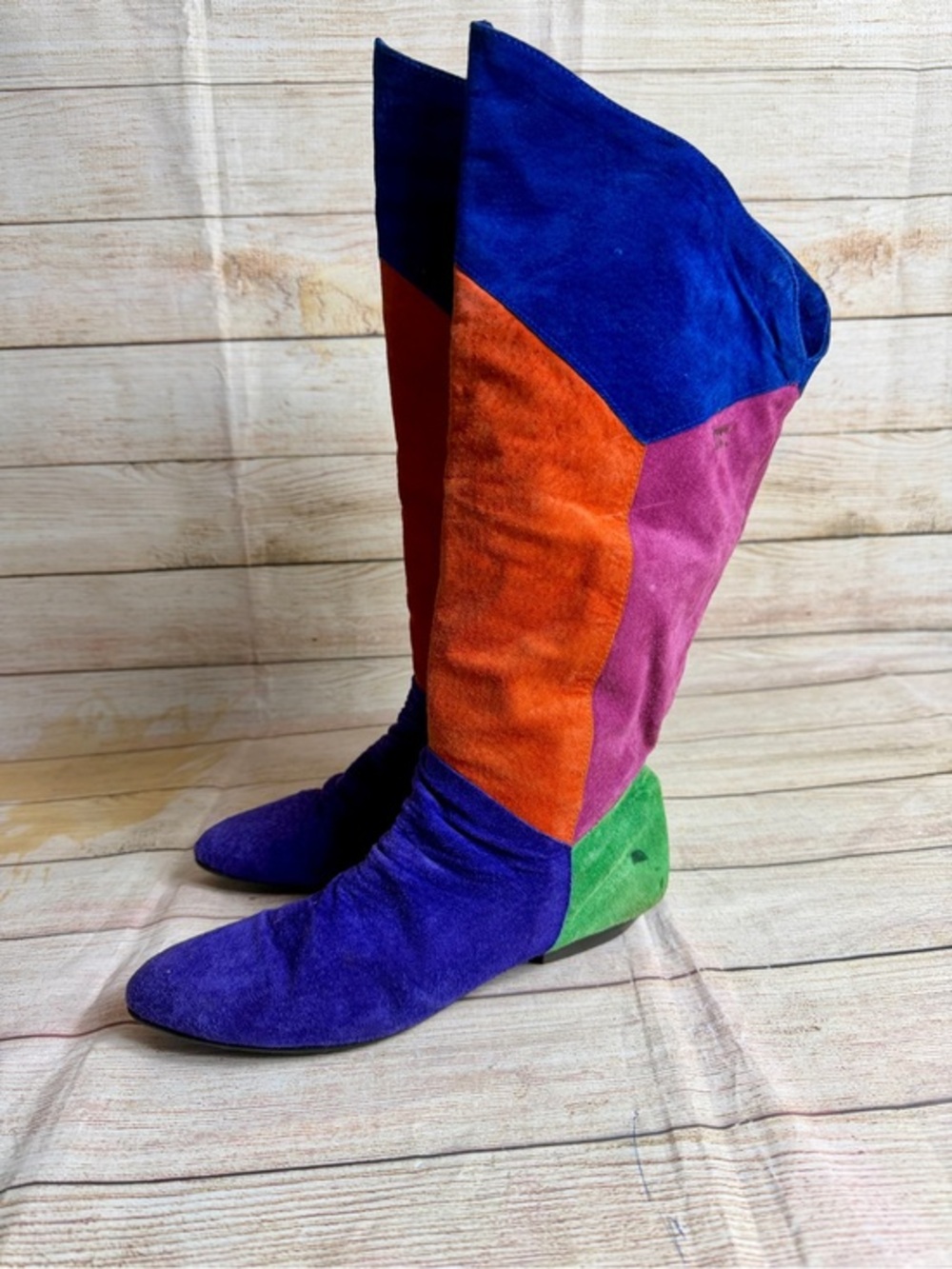 Vintage 1980s passports blue suede leather colorblock boots. Size 8.